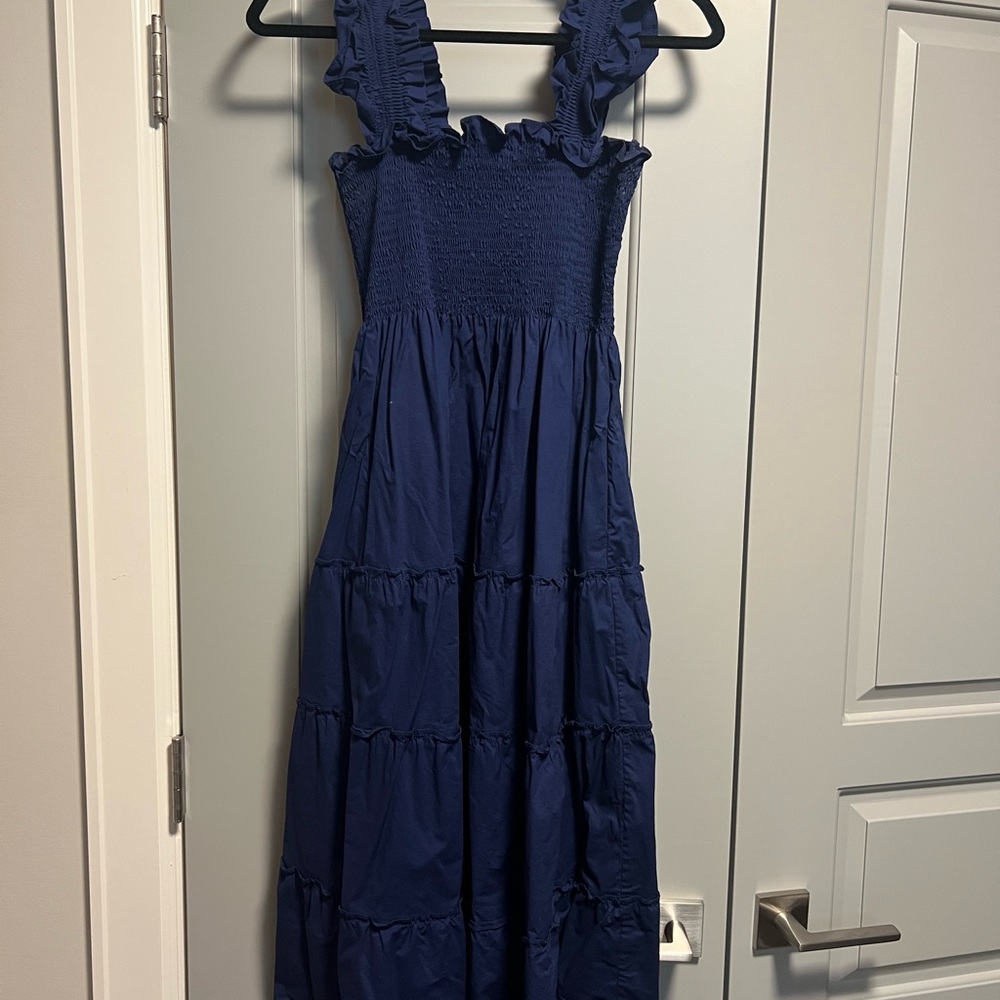 Hill House Navy Ruffled Midi Dress